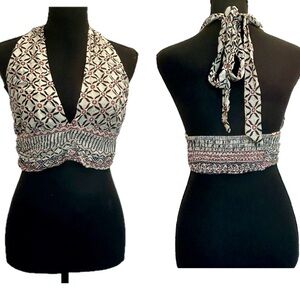 Pull&Bear cream red printed BoHo bohemian halter top crop top smocked back NWOT